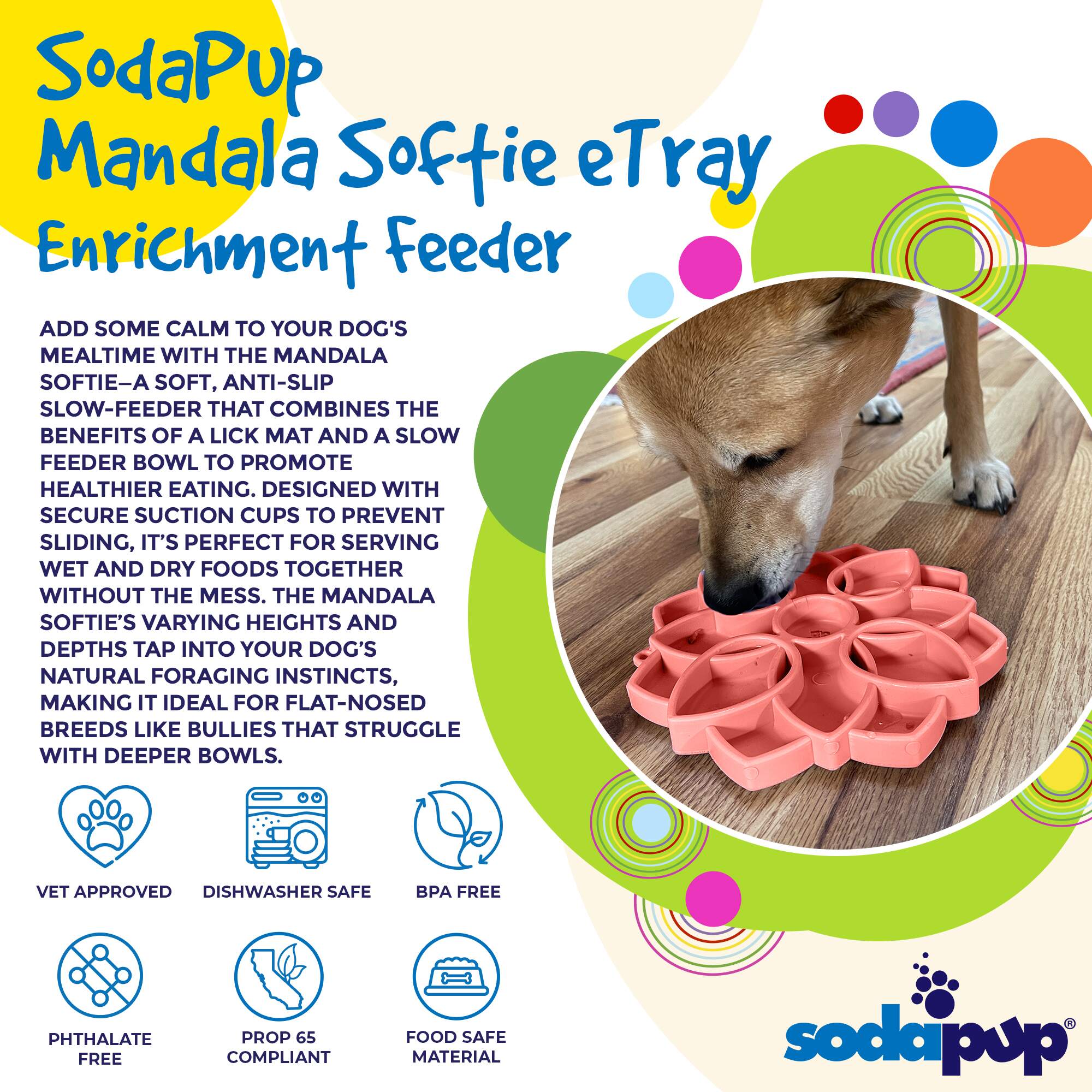 Mandala Softie eTray Shallow Slow Feeder Dog Bowl with Suction Cups | USA Made