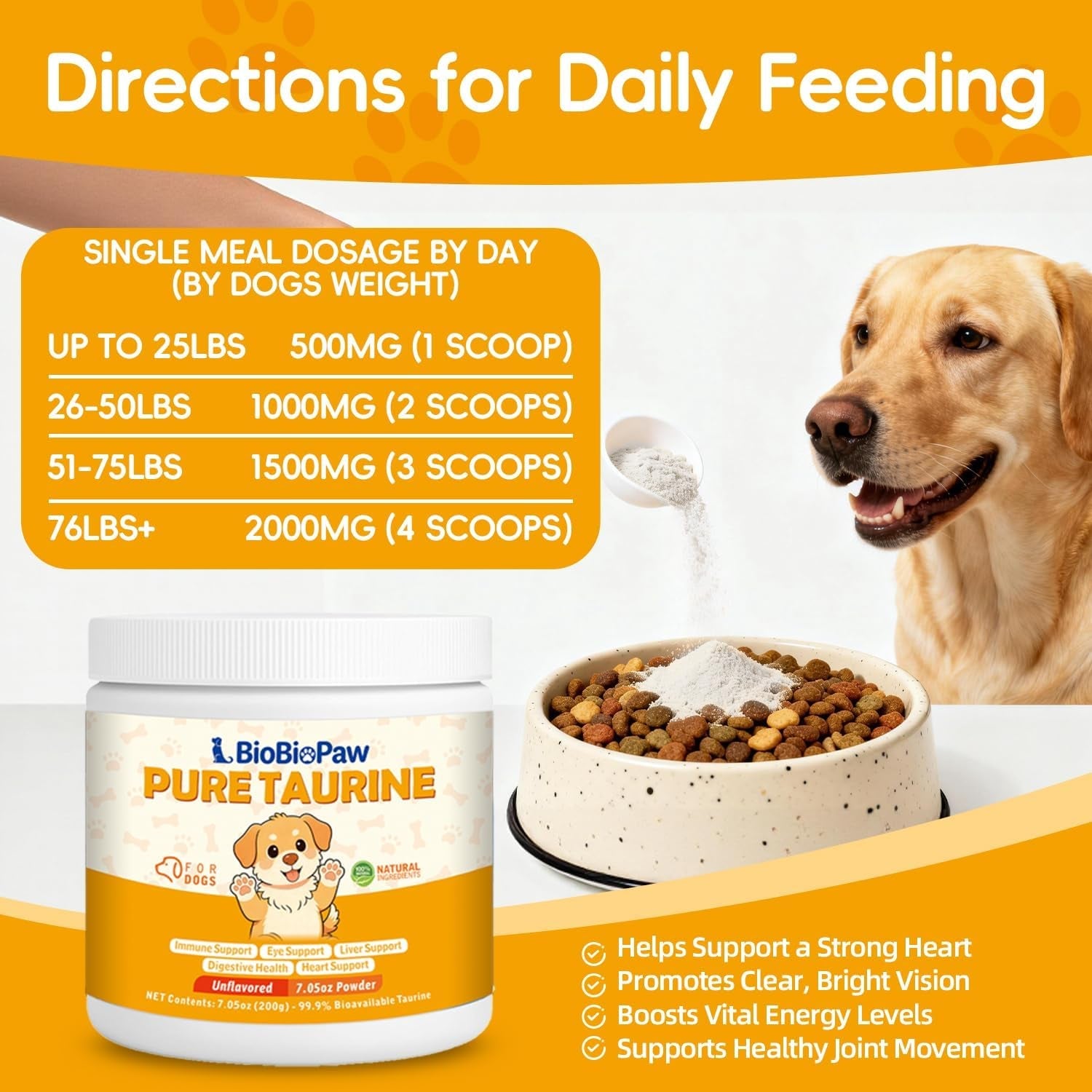 Taurine Powder for Dogs 500mg Pure Supplement Heart Immune Coat 200g