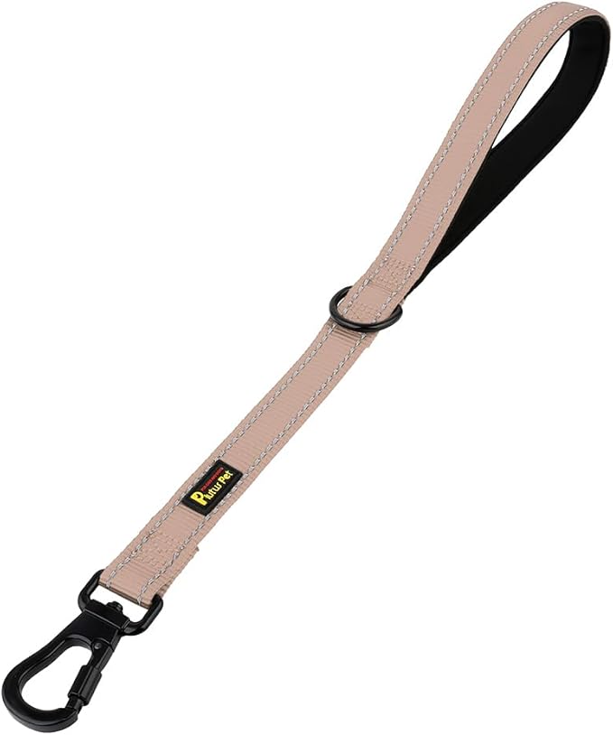 PLUTUS PET Short Training Dog Leash with Padded Handle for Medium Large Dogs,18 Inch Heavy Duty Strong Traffic Leash with Carabiner Clip for Climbing Walking or Guiding Blind(18”,Beige)