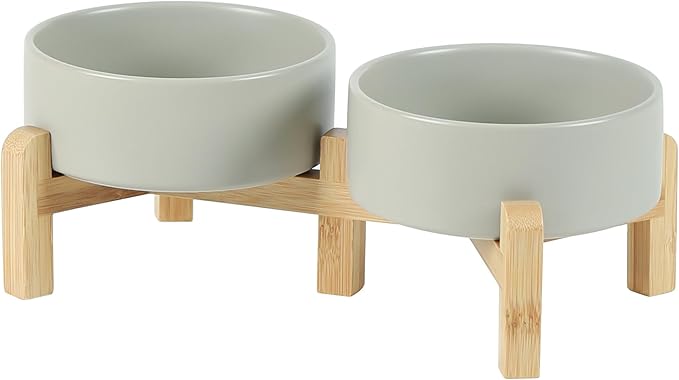 Ceramic Raised Double Bowls Set with Stand, 2 Heights Elevated, Food & Water Bowls for Small Breed Dogs, Cats, Kitty, Weighted Dog Dishes, Pet Bowls(5.1&