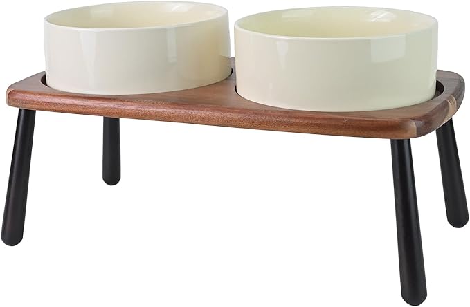 SPUNKYJUNKY Ceramic Elevated Dog Bowls Raised with Acacia Bamboo Wooden Stand, 8.3&