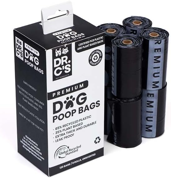 Certified 65% PCR (Post Consumer Recycled) Plastic and 35% Plant Based Dog Poop Bags - Dr. C&