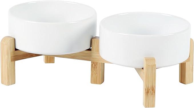 Ceramic Raised Double Bowls Set with Stand, 2 Heights Elevated, Food & Water Bowls for Small Breed Dogs, Cats, Kitty, Weighted Dog Dishes, Pet Bowls(5.1&