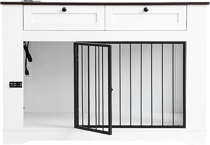 Large Dog Crate Furniture-Decorative Heavy Duty Dog Cage Indoor, Wooden Dog Cage End Table with Charging Station, Dog House with 2 Drawers (White, 47.2&
