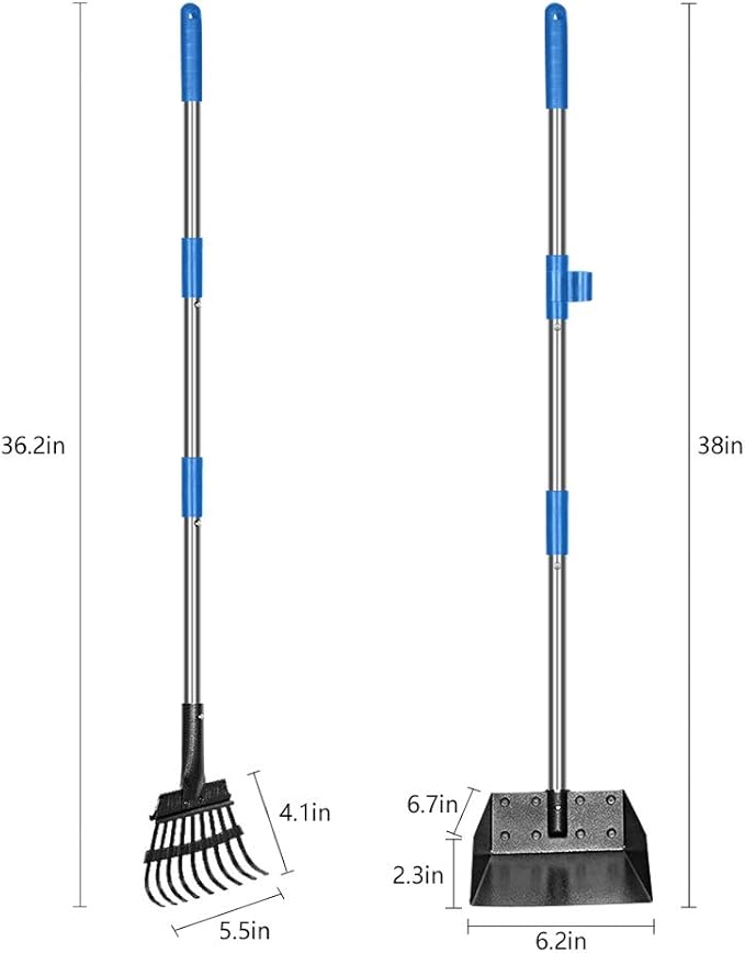 QiMH Upgraded Dog Pooper Scooper Extra Large, Adjustable Long Handle Stainless Metal Pet Poop Tray and Rake Set for Large Medium Small Dogs, Dog Waste Removal Bin Rake, Great for Grass, Street, Gravel