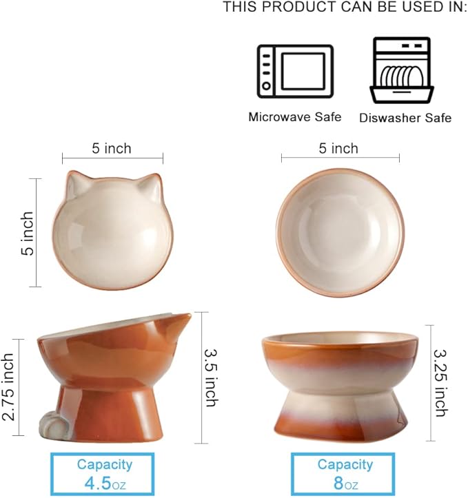 Nihow Elevated Cat/Dog Bowls Set : 5 Inch Ceramic Raised Cat Food & Water Bowl Set for Protecting Pet&