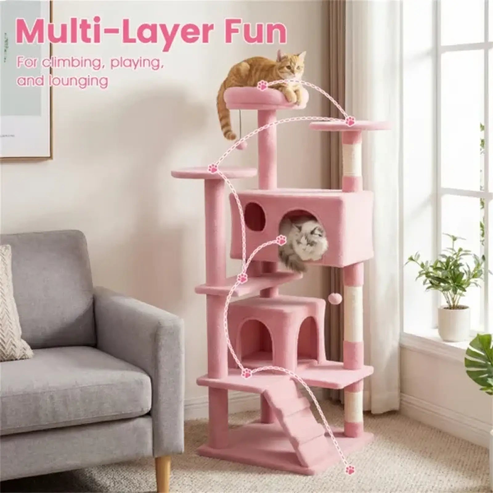 52 Inch Pink Cat Tree Tower with Condos and Perches