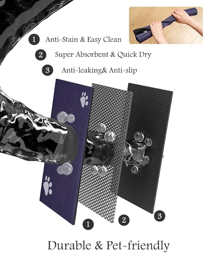 Pet Feeding Mat-Absorbent Dog Mat for Food and Water Bowl-No Stains Quick Dry Water Dispenser Mat-Dog Accessories Pet Supplies-Bowl for Messy Drinkers(Navy,16"x24"