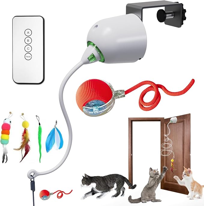 Cat Toys Hanging Door Electric and Moving Ball, Cats Toy Interactive for Indoor for Bored Feather Toys Kitten Rechargeable Door Hanging Automatic Retractable String(White)