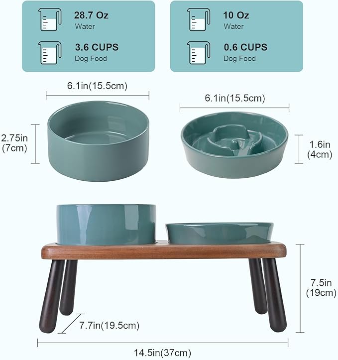 SPUNKYJUNKY Ceramic Elevated Dog Bowls with Slow Feeder Raised with Acacia Bamboo Wooden Stand, 6.1&