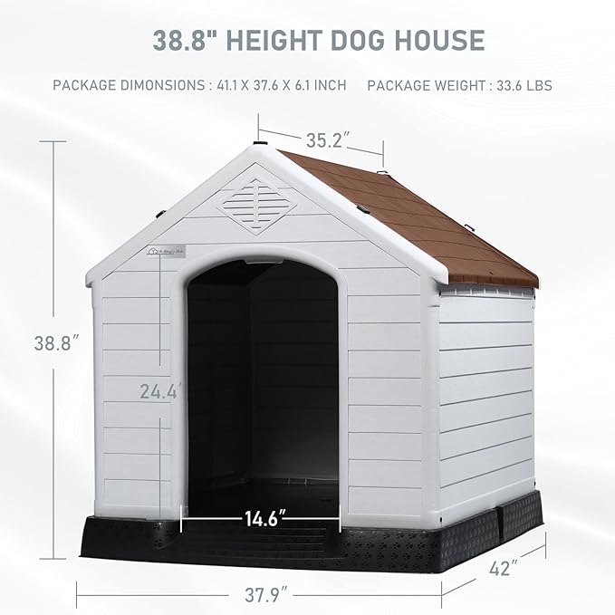 LEMBERI Durable Waterproof Plastic Dog House for Small to Large Sized Dogs, Indoor Outdoor Doghouse Puppy Shelter with Elevated Floor, Easy to Assemble (Brown, 42&