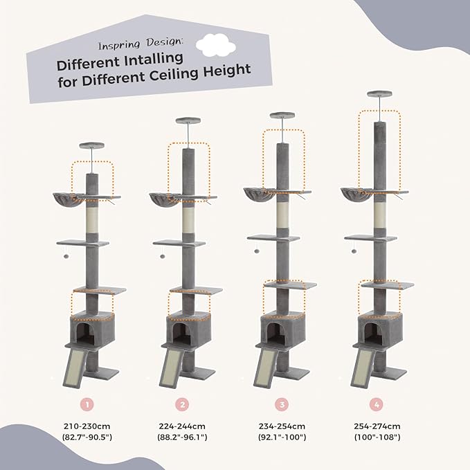 PEQULTI Floor to Ceiling Cat Tree, Tall Cat Tower, Adjustable Height (83&