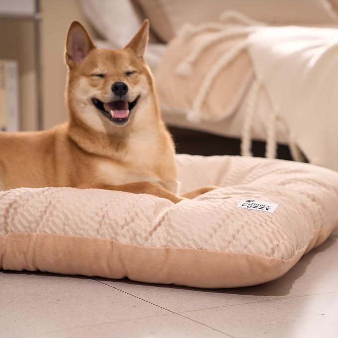 FUNNY FUZZY 2 in 1 Dog Crate Bed Pad for Large Sized Dog, Washable Reversible Pet Soft Mats,Durable Fluffy Kennel Mattress,Indoor Cats, 35" × 23", Beige