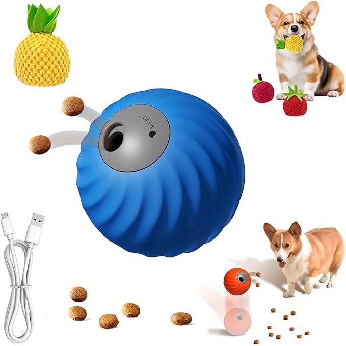 Zoomie Buddy 2.0, Zoomie Buddy for Dogs, 2 in 1 Smart Touch Interactive Dog Balls & Pet Feeder, 2.83" Diameter, Suitable for Small/Medium Dogs, with Fruit Plush Cover (Blue, Pineapple)