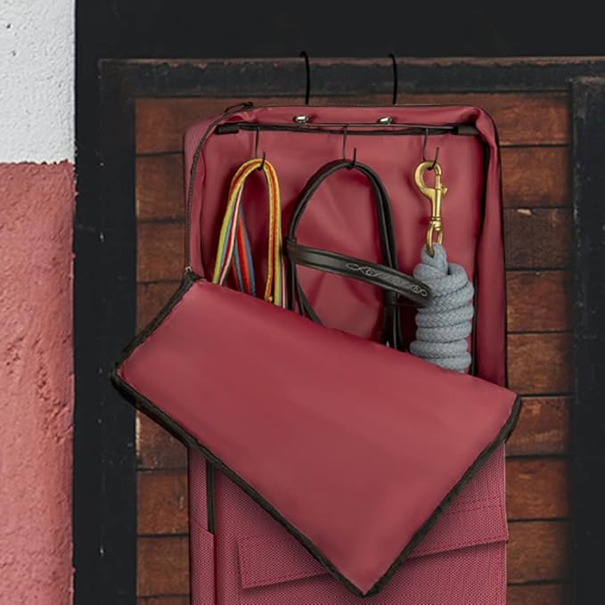 Horse Bridle Bag, Horse Tack Carry Bag with 3 Prong Tack Rack for Halters, Bridle, Harness, Equestrian Reins, Bits and Headstalls (Wine Red)