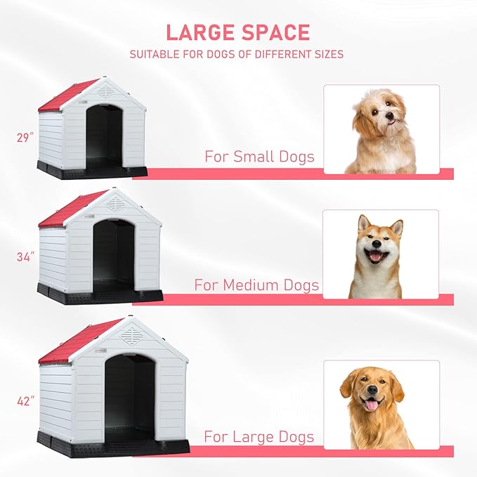 LEMBERI Durable Waterproof Plastic Dog House for Small to Large Sized Dogs, Indoor Outdoor Doghouse Puppy Shelter with Elevated Floor, Easy to Assemble (Red, 34&