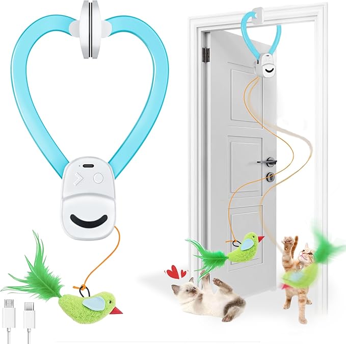 Interactive Cat Toys for Indoor Cats Automatic Electric Flying Bird Feather Wand Toy - Best Kitten & Adult Cat Enrichment Stimulation Toy Hanging Electric Kitty Toys for Bored Cats(Blue White)