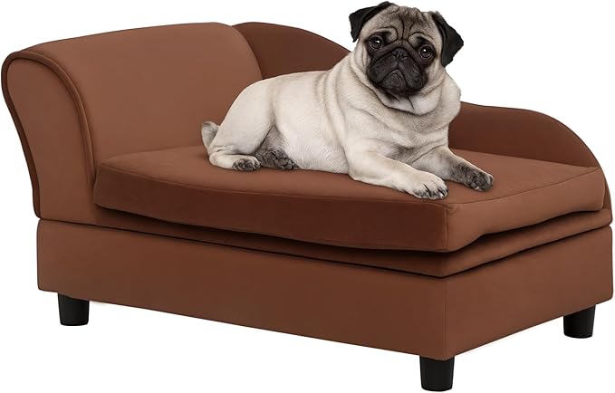 PawHut Luxury Fancy Dog Couch with Hidden Storage, Small Dog Sofa Bed with 2" Soft Foam, Modern Pet Furniture for Puppies & Little Breeds, Brown