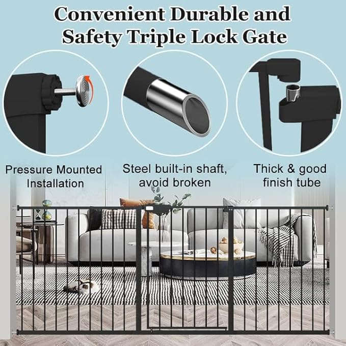 WAOWAO Triple Lock Baby Gate Extra Wide 72.04-76.77" Pressure Mounted Walk Through Swing Auto Close Safety Black Metal Dog Pet Puppy Cat for Stairs,Doorways,Kitchen