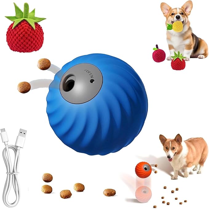 Zoomie Buddy 2.0, Zoomie Buddy for Dogs, 2 in 1 Smart Touch Interactive Dog Balls & Pet Feeder, 2.83" Diameter, Suitable for Small/Medium Dogs, with Fruit Plush Cover (Blue, Tomato)