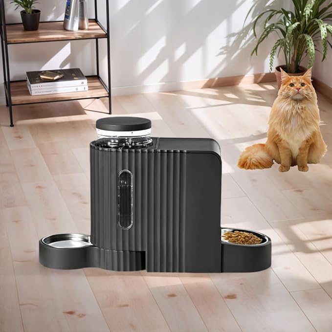 Automatic Cat Food Feeder and Water Dispenser,2 in 1 Gravity Cat Feeder and Water Dispenser with Stainless Steel Bowl,2 Pack Large Capacity Self Feeding for Small Medium Pets Puppy Kitten