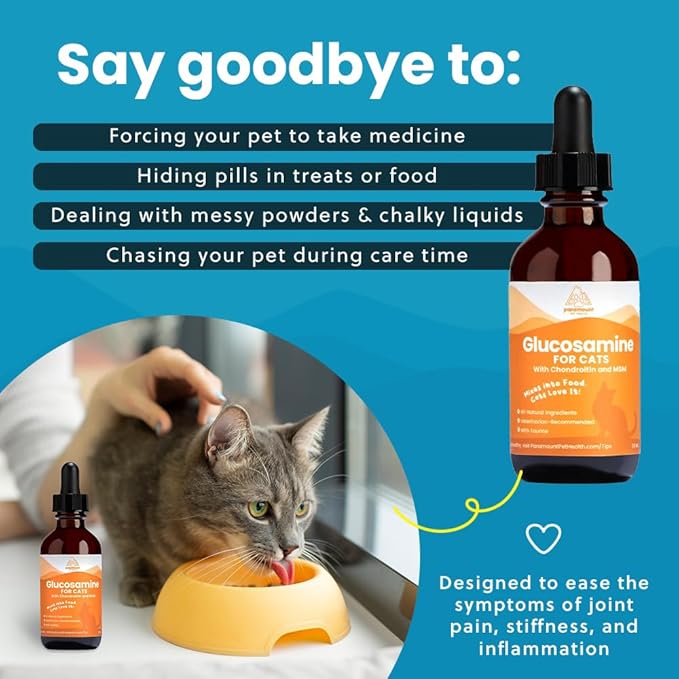 100% Natural Liquid Glucosamine Chondroitin with MSM for Cats, Hip & Joint Supplement for Senior Felines, Arthritis Support & Mobility Booster Glucosamine Drops, 2 Oz