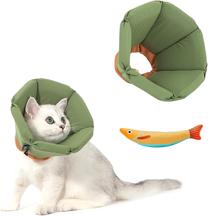 Cat Cone Collar - Soft Waterproof Elizabethan for Cats, Cute Green Flower Anti-Lick Recovery Collar, Adjustable Healing Collar for Wound Care & Surgery with a pet Toy Fish,S