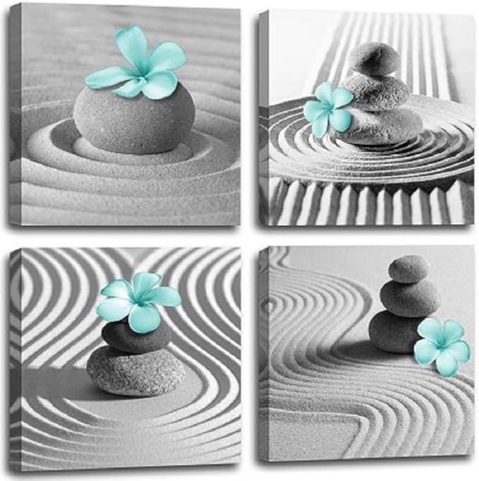 Yxbhhym Gray Wall Art Zen Wall Art Teal Floral Paintings Black and White Decor Zen Stone Sand Pebble Canvas Flower Artwork for Wall Home Decoration Bathroom Wall Decor 12&