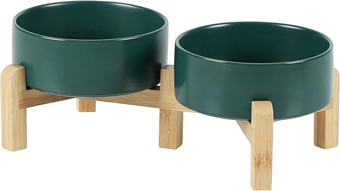 Ceramic Raised Double Bowls Set with Stand, 2 Heights Elevated, Food & Water Bowls for Small Breed Dogs, Cats, Kitty, Weighted Dog Dishes, Pet Bowls(5.1&