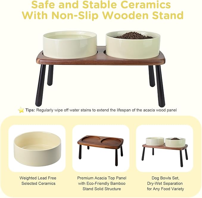 SPUNKYJUNKY Ceramic Elevated Dog Bowls Raised with Acacia Bamboo Wooden Stand, 8.3&