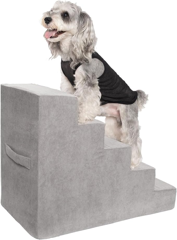 MEWANG Dog Stairs for Small & Medium Dogs and Old Cats –3/4/ 5 Steps High-Density Foam Pet Ramp for Bed & Couch, Non-Slip, Washable Cover, Grey (Square Corner, 5 Steps: 29.92&