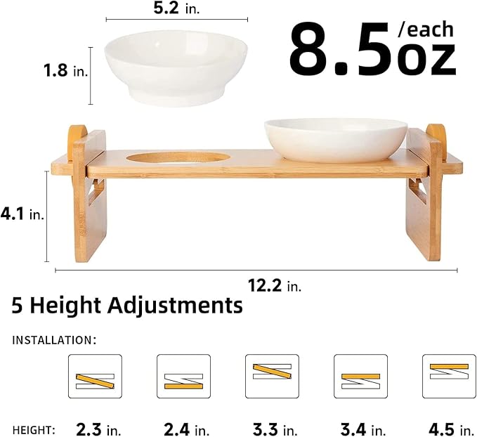 FUKUMARU Elevated Cat Ceramic Bowls, Small Dog 15° Tilted Raised Food Feeding Dishes, Solid Bamboo Water Stand Feeder Set for Cats and Puppy