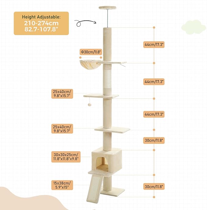PEQULTI Floor to Ceiling Cat Tree, Tall Cat Tower, Adjustable Height (83&