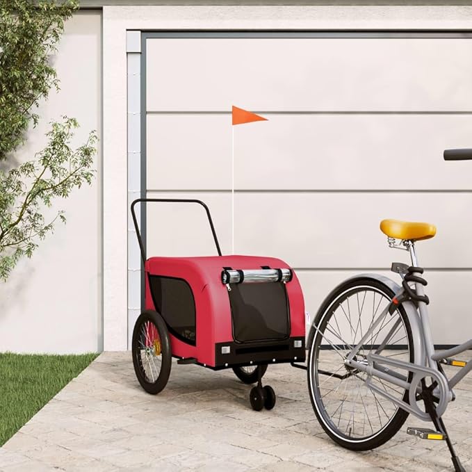 Tidyard Pet Bike Trailer Red and Black Oxford Fabric and Iron Pet Bicycle Carrier, Animal Bike Stroller for Cat, Puppy, Dog, Outdoor, Travel Style B