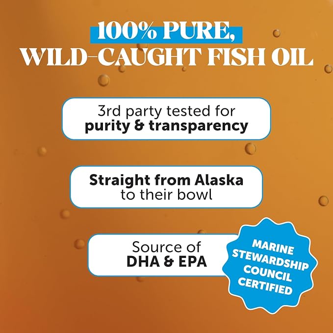 Omega 3 Fish Oil for Cats & Dogs (16oz), Wild Caught Omega 3 Fish Oil for Dogs Skin and Coat Supplement, Supports Shedding, Skin & Coat, Immunity, Joint, Brain & Heart, EPA + DHA