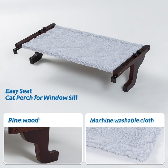 Easy Seat Cat Perch for Window Sill - Hammock Design w/Premium Wood & Robust Metal Frame - Cat Window Seat for Large Cats and Kittens (Dark Stained Wood w/Gray Bed, Medium (23&