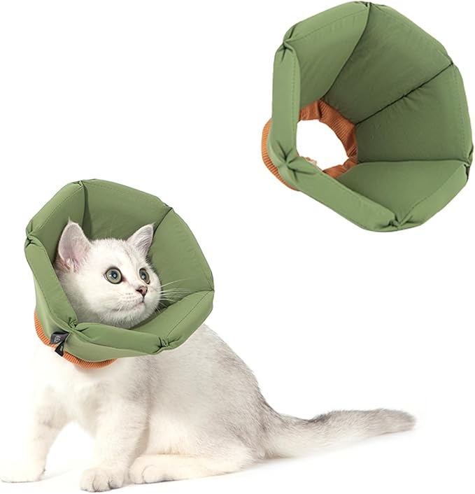 Cat Cone Collar - Soft Waterproof Elizabethan for Cats, Cute Green Flower Anti-Lick Recovery Collar, Adjustable Healing Collar for Wound Care & Surgery,M