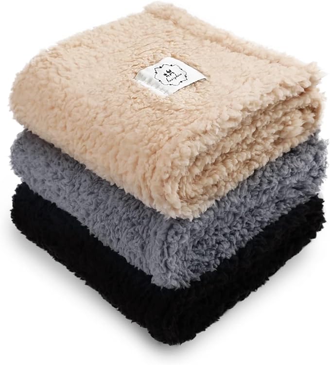 1 Pack 3 Calming Blankets Fluffy Premium Fleece Pet Blanket Soft Sherpa Throw for Dog Puppy Cat Beige/Black/Grey Small (23" x16&