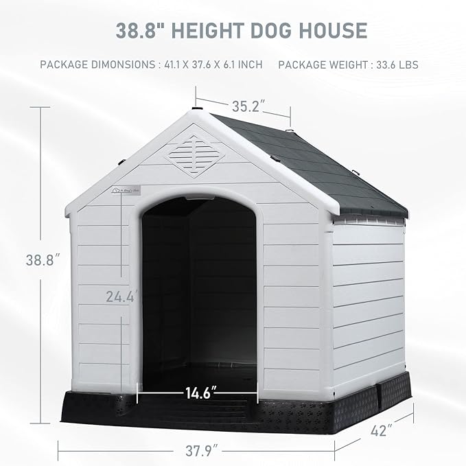 LEMBERI Durable Waterproof Plastic Dog House for Small to Large Sized Dogs, Indoor Outdoor Doghouse Puppy Shelter with Elevated Floor, Easy to Assemble (Gray, 42&