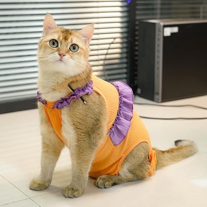 Cat Recovery Suit,Kitten Onesie After Surgery,E-Collar Alternative for Abdominal Wound and Skin Diseases,Soft Breathable Bodysuit After Spay(Orange-s)