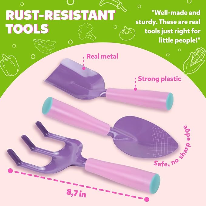 Pink Kids Gardening Tools - includes Sturdy Tote Bag, Watering Can, Gloves, Shovels, Garden Stakes, and a Delightful Children&