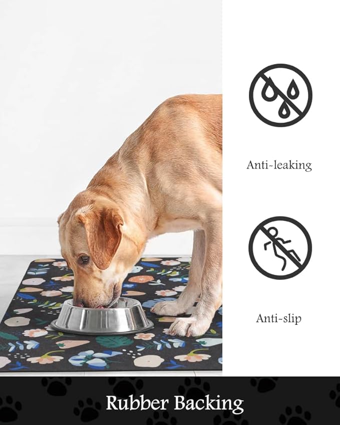 Pet Feeding Mat-Absorbent Dog Mat for Food and Water Bowl-No Stains Quick Dry Water Dispenser Mat-Dog Accessories Pet Supplies-Bowl for Messy Drinkers(DARKFLOWERS,17"x34"