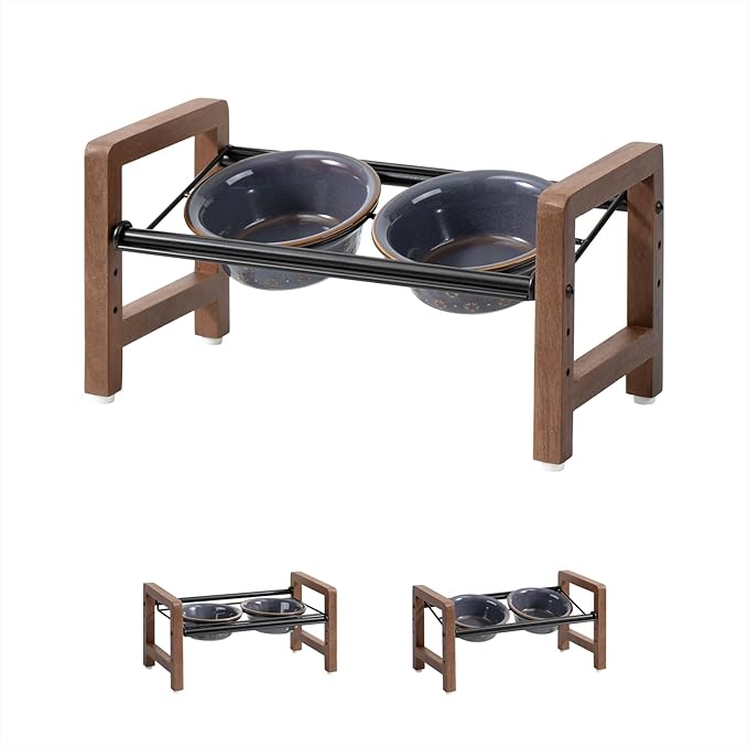 5.5inch Ceramic Adjustable Raised Double Bowls Set with Stand, 3 Heights Elevated, 2 Placement Options, Food and Water Dishes for Puppy, Cats(Double Bowls+Stand, Reactived Glaze -Grey