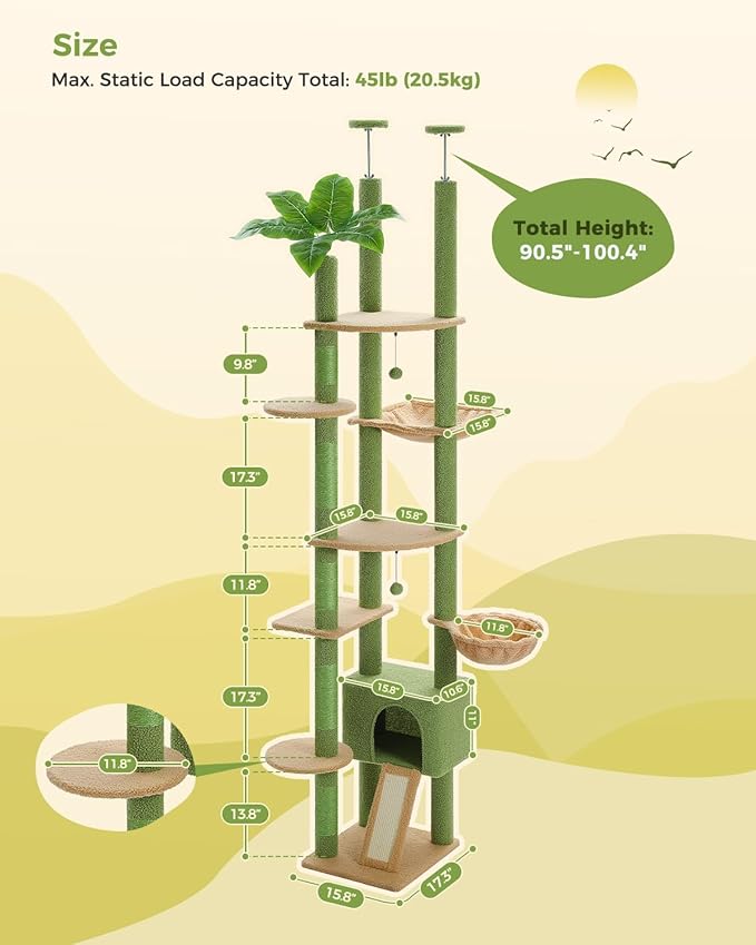 PEQULTI Tall Cat Tree, Floor to Ceiling Cat Tree Tower Adjustable [90.5&