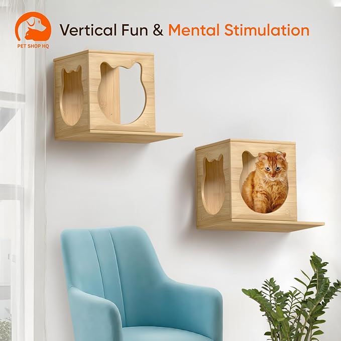Cat Wall Furniture - Climbing Shelves, Ladders, Cat House, Hammock, Bed, Bridges, Walkways - Bamboo Material - Light Brown - Cat Furniture