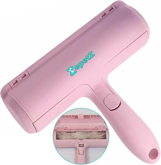 Pet Hair Removal Tool โ Reusable Lint Roller for Dogs & Cats โ Self-Cleaning Fur Remover Brush โ Ergonomic Lint Roller for Carpet, Bedding, Couch, Car Seat & More (Pink)