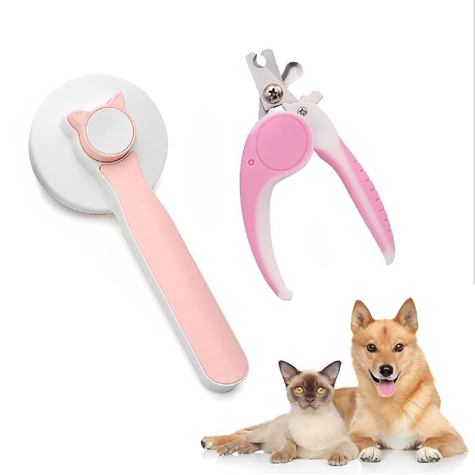 2PCS Pet Grooming Kit, Cat Brushes & Cat Nail Clipper, Cat Grooming Brush for Sedding and Grooming Fur (Pink)