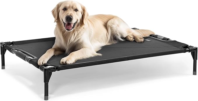 Petsfit Cooling Elevated Raised Dog Bed- Outdoor Pet Cot for Large Dogs, Upgraded Adjustable Firmness Pet Bed,Dog Hammock Bed with Durable Breathable Teslin Mesh,Non Slip, Black 48”