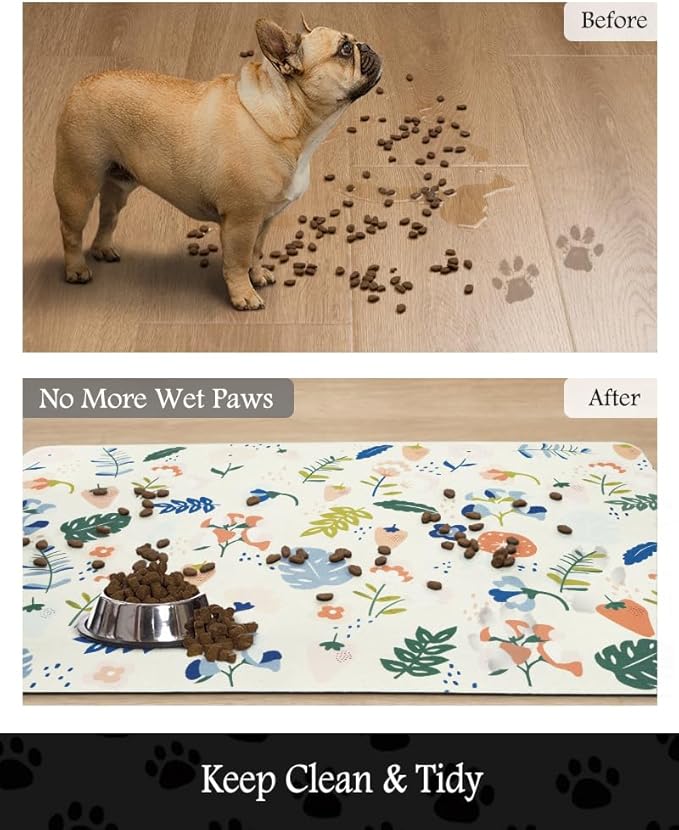 Pet Feeding Mat-Absorbent Dog Mat for Food and Water Bowl-No Stains Quick Dry Water Dispenser Mat-Dog Accessories Pet Supplies-Bowl for Messy Drinkers(LIGHTFLOWERS,16"x24"