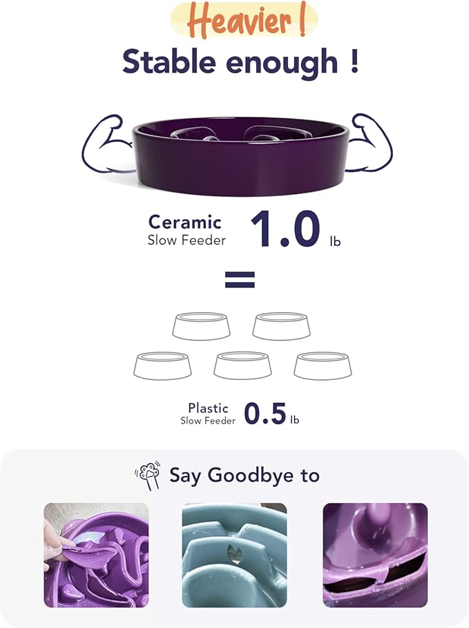 LE TAUCI Ceramic Slow Feeder Dog Bowls Small Breed, 0.6 Cups Dog Food Dish for Fast Eaters, Puzzle Bowl for Small Dogs and Cats,Purple